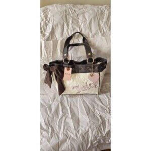 Juicy Couture Cream Brown Logo Tote Bow Heart Charm Drawstring Gold Pockets